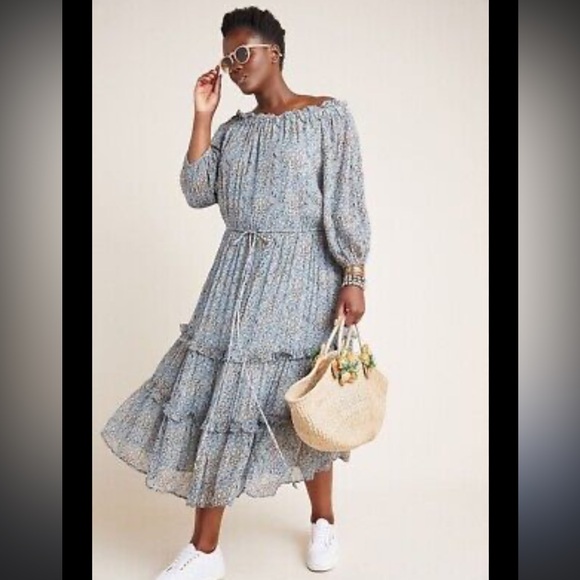 Anthropologie Dresses & Skirts - By Anthropologie Blue Kira Off-The-Shoulder Adjustable TieWaist Peasant Dress 14